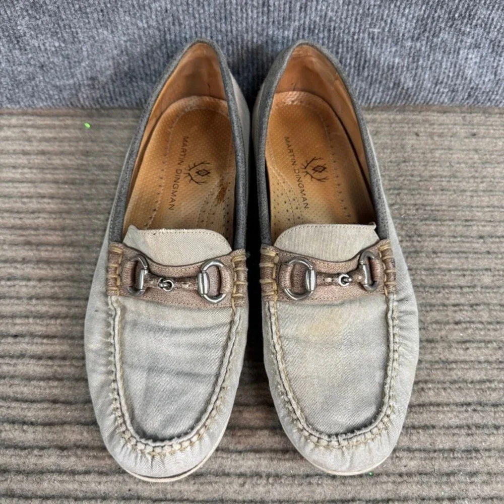 Martin Dingman Mens Canvas Bit Loafers Tan Grey Moc Toe Slip On Shoes Size 10M